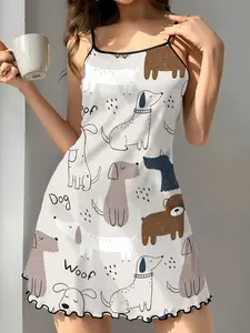 Women's Strapless Nightdress, Dog Print Pajamas, Casual Fitted Sleepwear, Sleepwear Dresses, All over Print, Sweet Home Essential, Comfortable & Cozy
