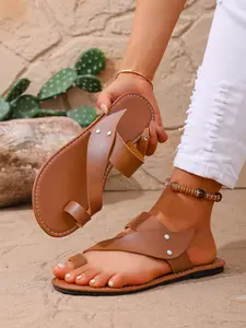 Summer New Metal Buckle Anti-Slip Slippers, Large Size Women's Casual Outdoor One-Step Sandals, PU Leather Upper and Sole