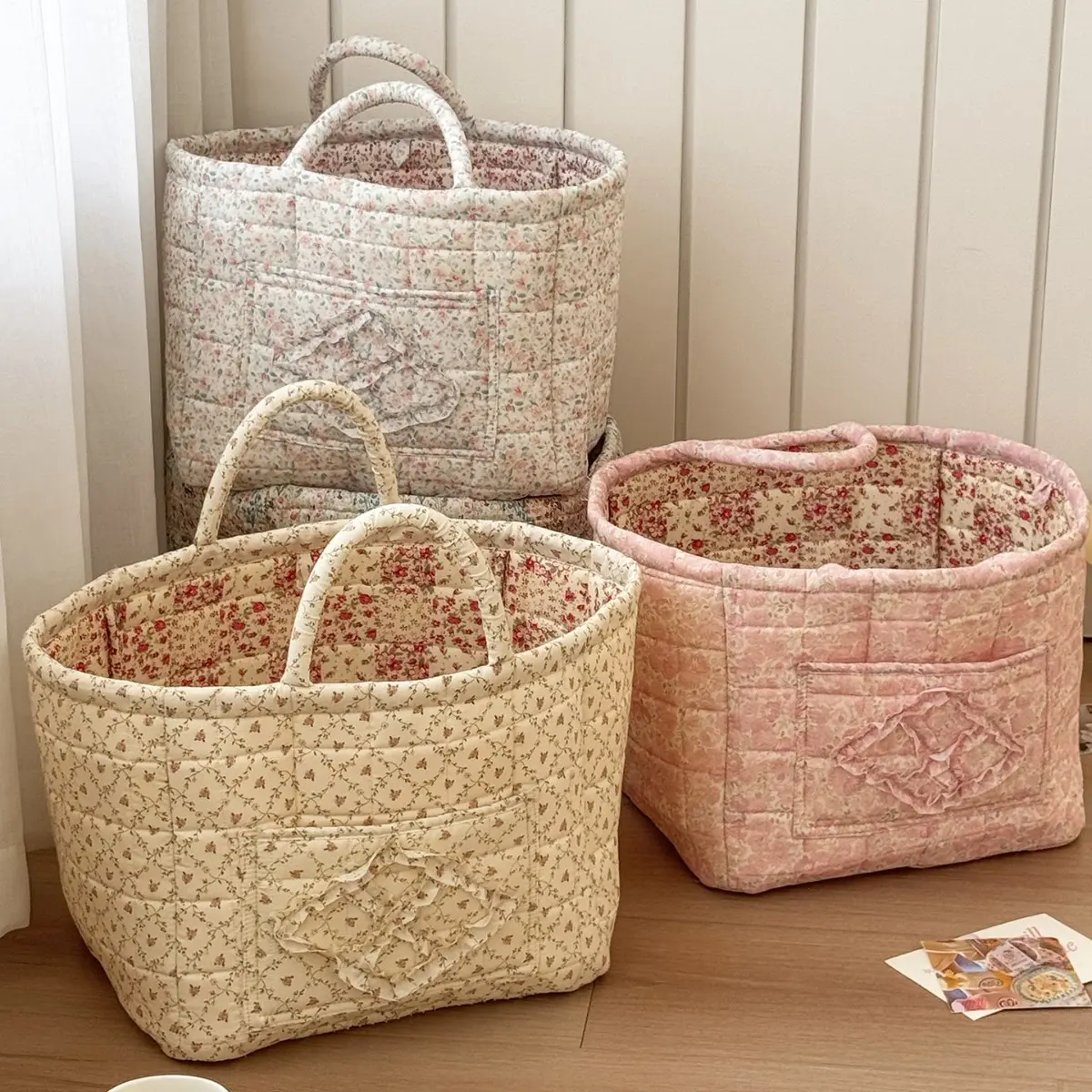 Aesthetic Floral Quilted Storage Basket with Handles - Large Capacity Foldable Organizer Bin for Laundry, Toys, and Snacks - Cute Home Decor