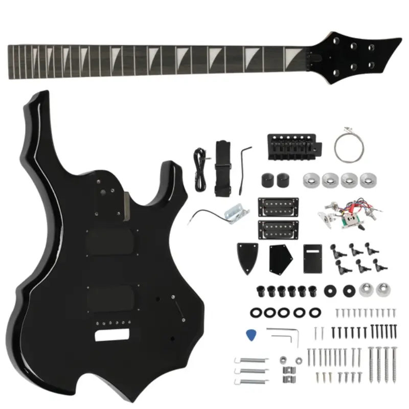 DIY 6 String Flame Shaped Style HSH Electric Guitar Kits with Mahogany Body Maple Neck and Accessories Black, Diy Guitar Kit, Beginner Guitar Project, Modern Electric Guitar, Stylish Guitar Design, Mahogany Wood Body, Quality Guitar Components