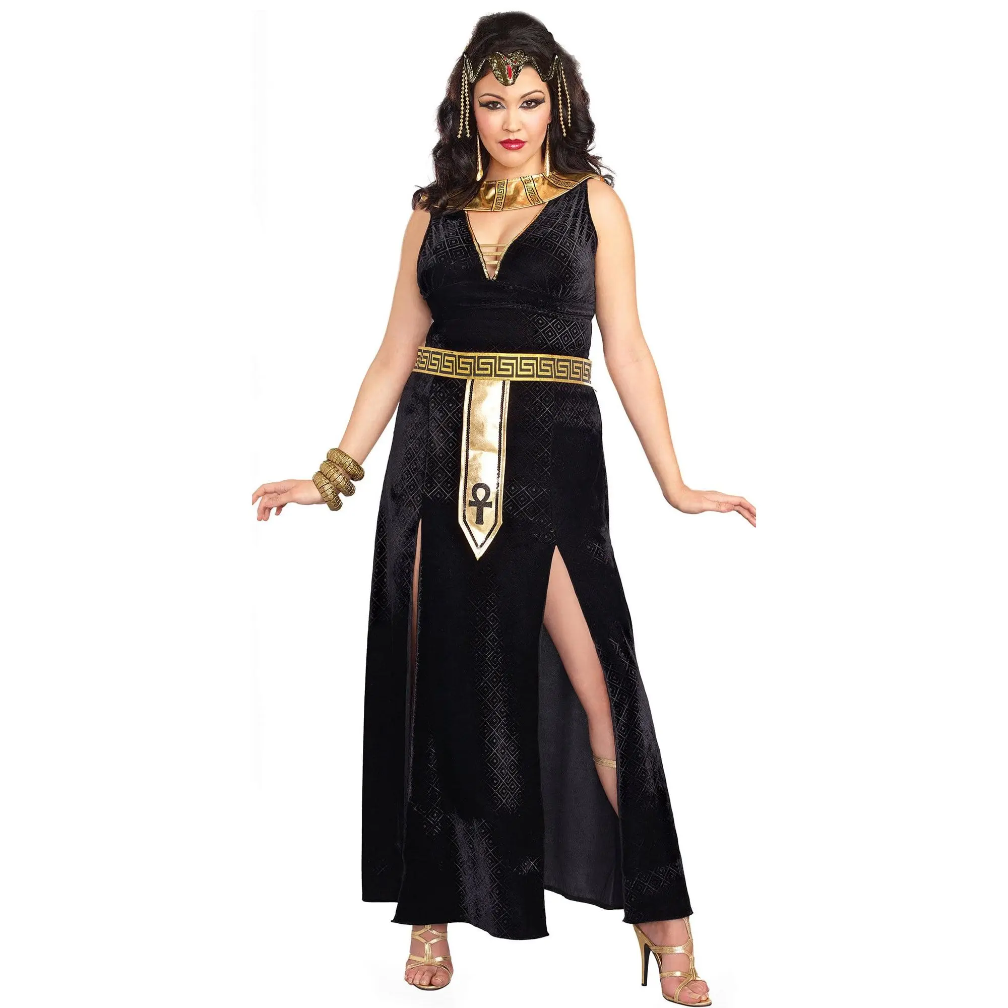 Women's Plus-Size Exquisite Cleopatra Halloween Cosplay Costume - Black Velvet Women's Clothes with Matching Accessories and Stockings