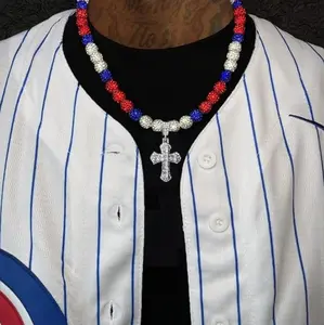 Iced Bling Disco Ball Rhinestone Pollyanna Crystal Bead Baseball Softball Necklace Red, White, Blue + Cross Pendant