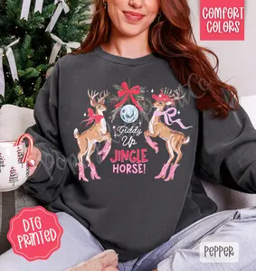 Jingle Horse Comfort Colors Sweatshirt, Trendy Women's Christmas Crewneck