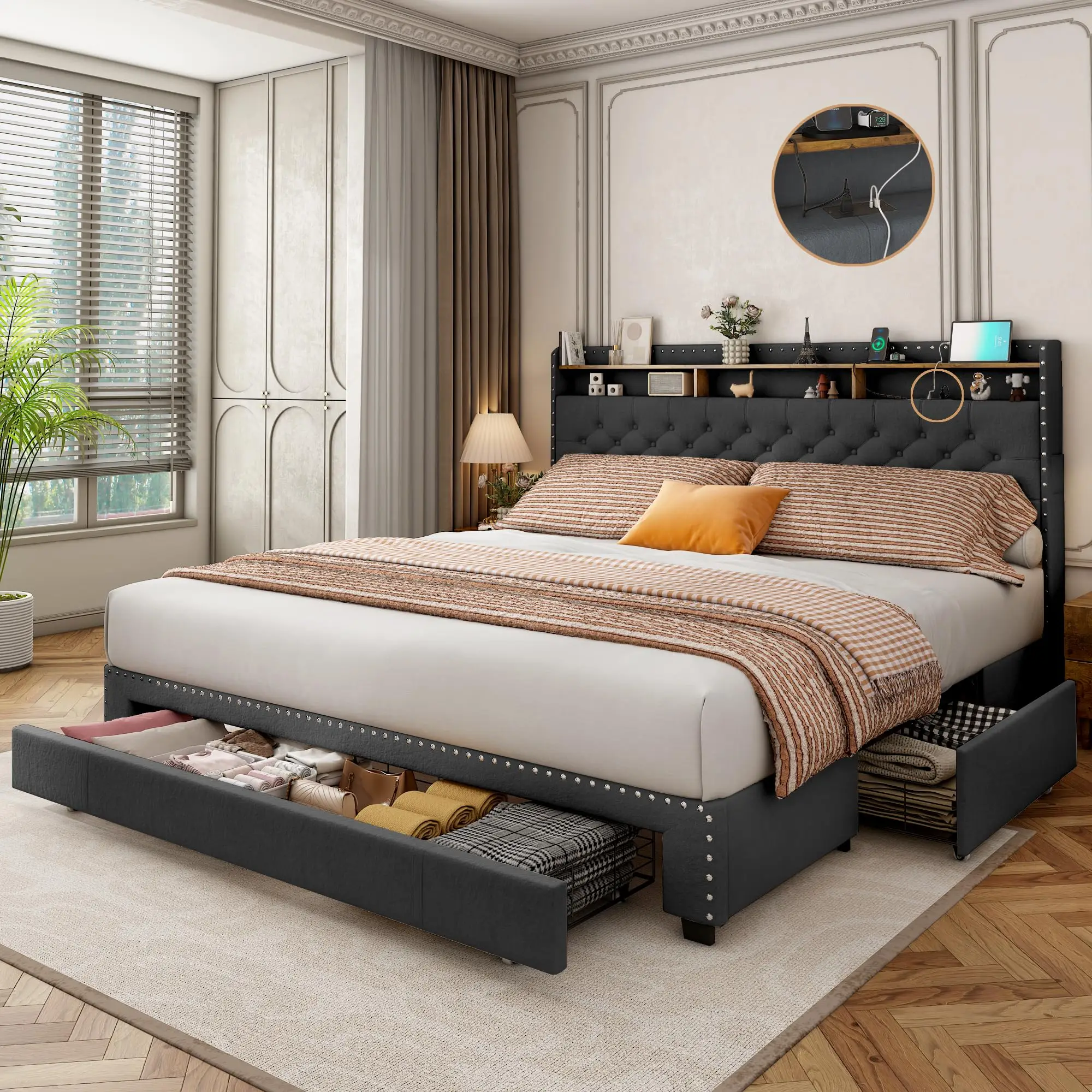 King Size Bed Frame with 3 Drawers, 2-Tier Storage Headbord, Bed Frame with Storage, LED Lights and Charging Station, Upholstered Platform Bed Frame,
