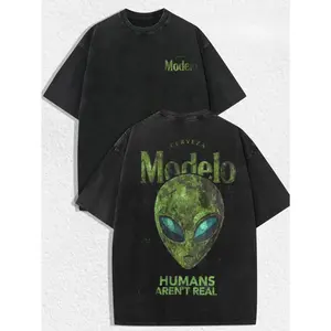 1 PCS Retro Washed Black Short Sleeve T-Shirt, Front Mini "Modelo" Print + Back Alien Head "Humans Aren't Real" Graphic, Sci-Fi Streetwear Style, 100% Cotton Unisex Oversized Tee, Casual Hangouts, Great Gift for Sci-Fi Fans
