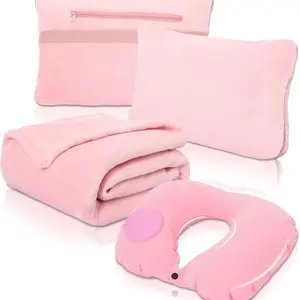 Travel Blanket & Pillow Set - Inflatable Neck Pillow,Blanket w/Built-in Bag -NWT