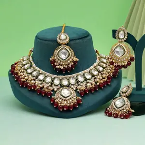 Meenakari Kundan Stones and Imitation Pearls Necklace with Tikaa and Earrings - Metal Coating Elegance for Any Occasion