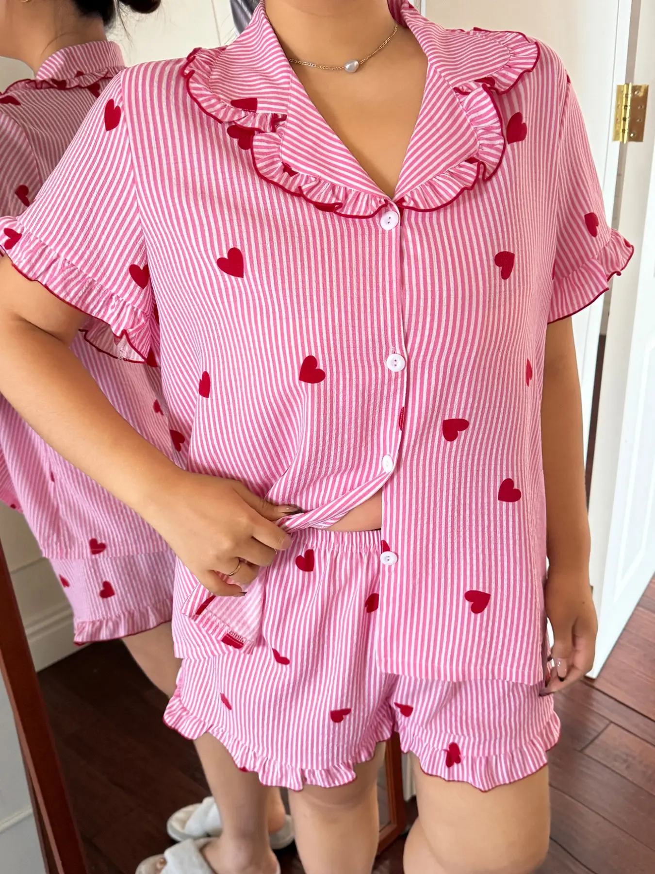 Women's Plus Size Sleepwear Loungewear Pajama Set Pjs All-Season Bubble Pleated Striped Heart Print Valentine's Day Love Elegant Chic Loose Fit Open Front Collar Ruffle Short Sleeve Shorts Set Pyjamas Collared Sleepwear Fashion Sleepwear