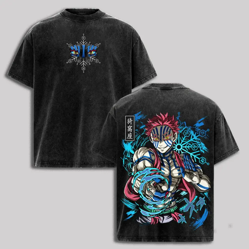 Akaza Upper Moon T-Shirt – Demon Slayer Infinity Castle Arc Vintage Washed Oversized Tee, Heavy Cotton Anime Streetwear Top, Unisex Casual Graphic Shirt, Perfect Gift for Demon Slayer Fans