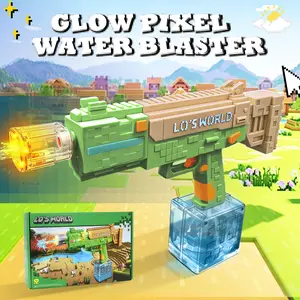 Pixel Brick Electric Water Gun with LED Light - Summer Automatic Water Blaster for Kids Adults, Rechargeable Water Squirt Gun for Pool Beach Party Outdoor Water Fight Toys