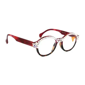 Citlalli, (Bling) Round Women Reading Glasses W (Full TOP) (Clear, AB Aurora Borealis) Genuine European Crystals.  NY Fifth Avenue
