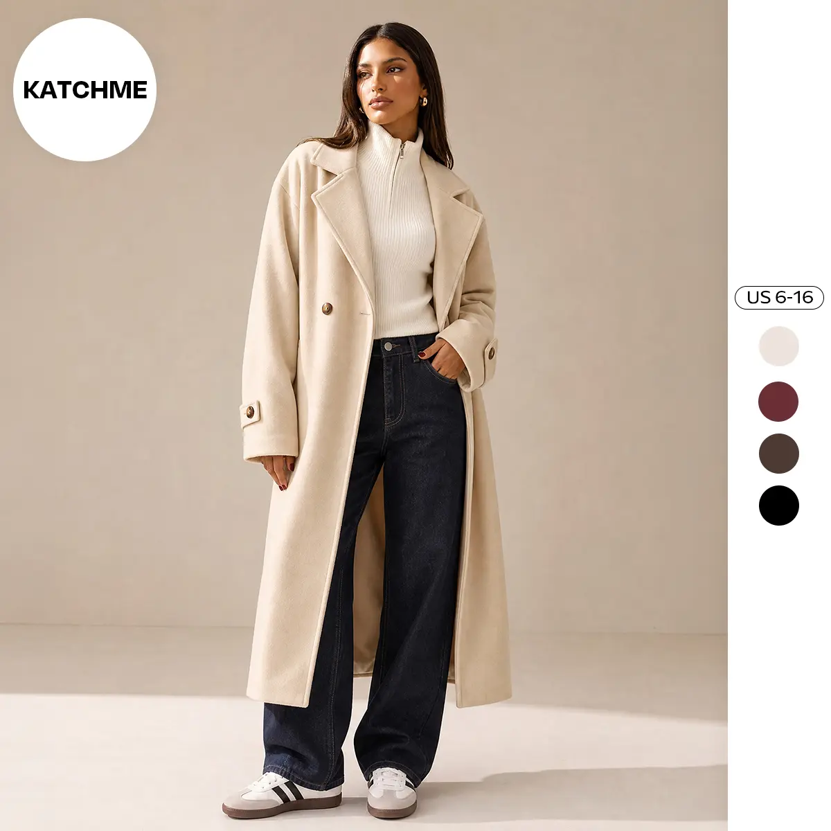 Katch Me Chic Women's Basic Double-Breasted Notch Lapel Long Sleeve Thermal Outerwear, Cozy Jacket for Fall & Winter, Versatile Long Coat, Chic Womenswear