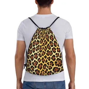 Classic Leopard Print Drawstring Bag, Unisex Fashion Street Style Water Resistant Backpack, Lightweight Cinch Sack for Sports, Gym, Beach & Casual Use