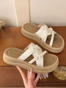 Summer New Traditional Style Embroidered Pearl Butterfly Knot Cross Strap Thick Sole Sandals, Comfortable Anti-Slip Soft Bottom Slippers