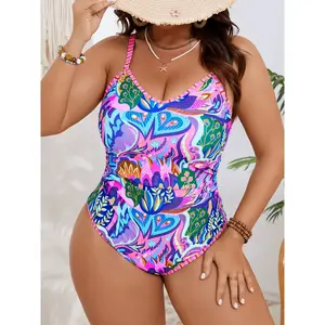 New Women's Plus Size Printed One-Piece Bikini Swimsuit, Tropical Print Swimsuit, Beachwear, All-In-One Swimwear, Stylish and Comfortable Bathing Suit, Leaf Print Swimsuit