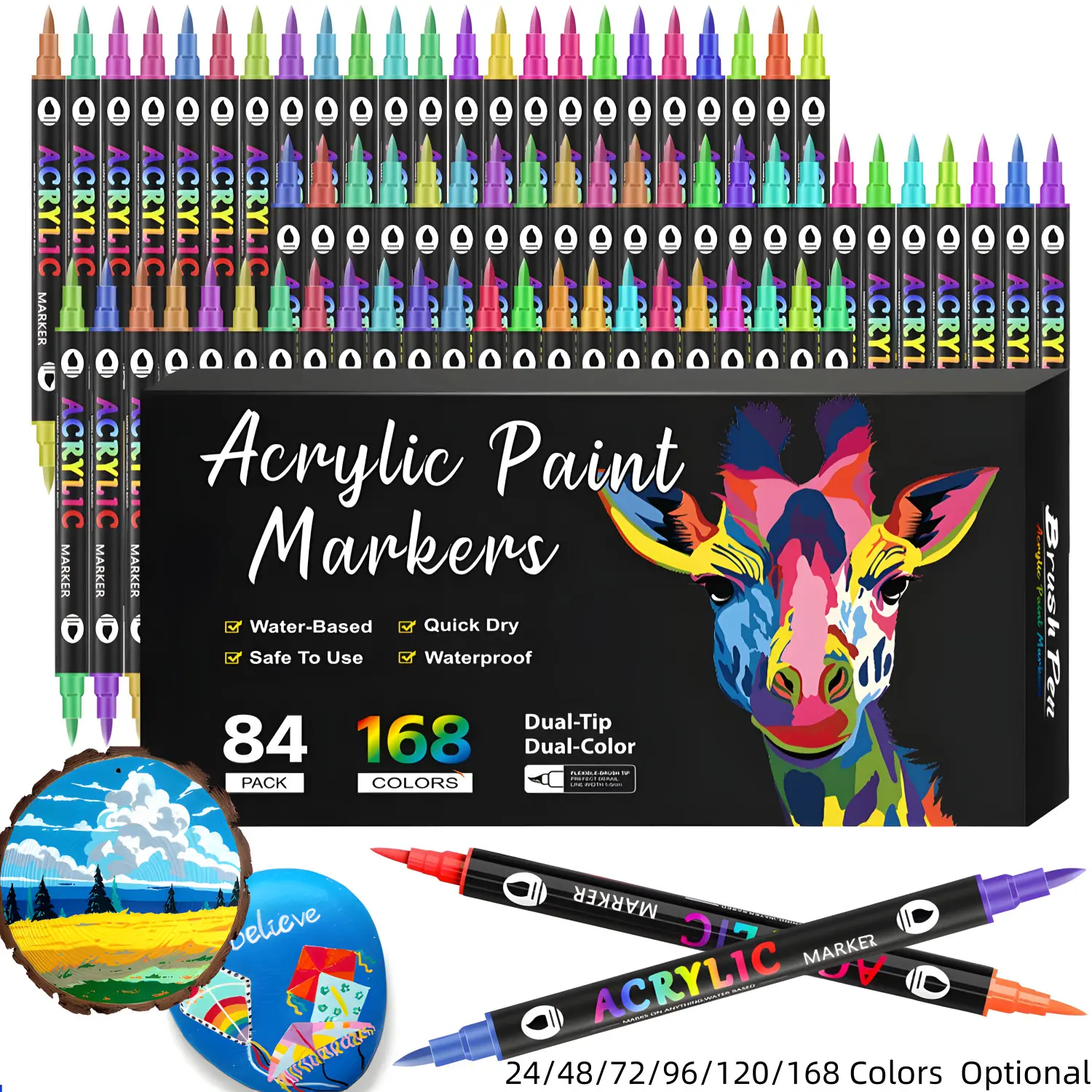 Acrylic Paint Markers,24/48/72/96/120/168 Colors,Dual tips Dual Color Acrylic Paint Pens for Rock Painting, Canvas, Wood, Glass, Ceramic, Fabric, Plastic, Egg & Scrapbook. Soft Brush Tips Paint Pens and Paint Markers, DIY Painting Supplies, Art Supplies
