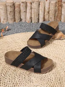 Women Retro Sporty Sandals Thick Wedge Sole Breathable Mesh Lightweight Comfortable Summer Walking Shoes Fashionable Design Woven Wedge Sandals