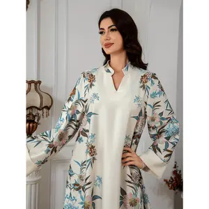 Elegant Floral Printed Abaya for Women, Polyester Knit Fabric with Slight Stretch, Long Length, Regular Fit, with Stand Collar and Full Sleeves, for Middle Eastern Style Jalabiya Dress, All-Season Wear