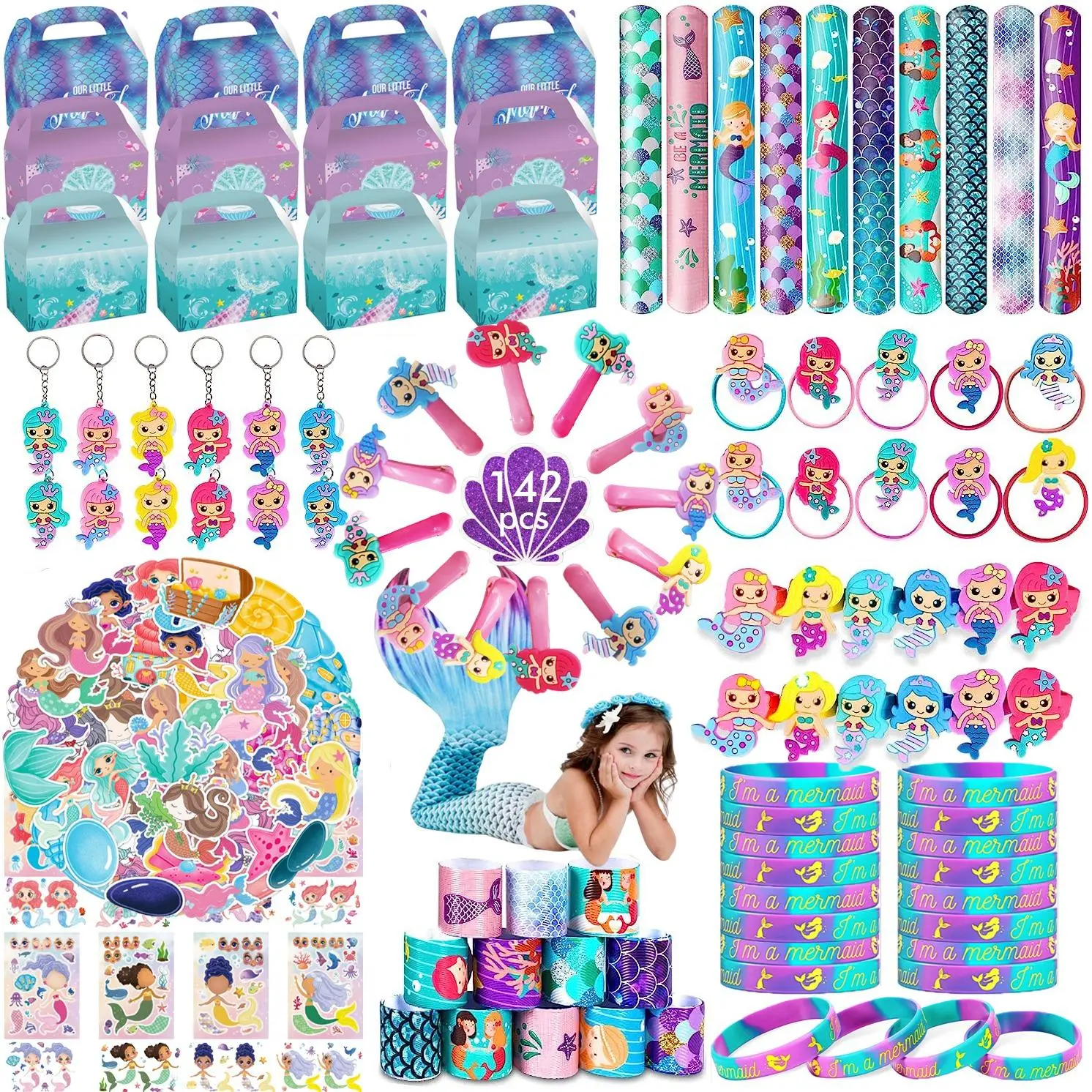 Mermaid Themed Party Gift Bundle Set, Party Gift Packs, 142pcs/set Mermaid Birthday Party Decorations, Including Sticker, Hair Clip, Bracelet, Keychain, Gift Bag, Party Favor Gifts, Birthday Favors