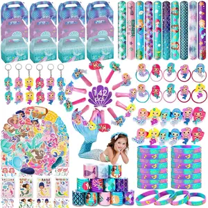 Mermaid Themed Party Gift Set, 142pcs/set Mermaid Birthday Party Decorations, Including Sticker, Hair Clip, Bracelet, Keychain, Gift Bag