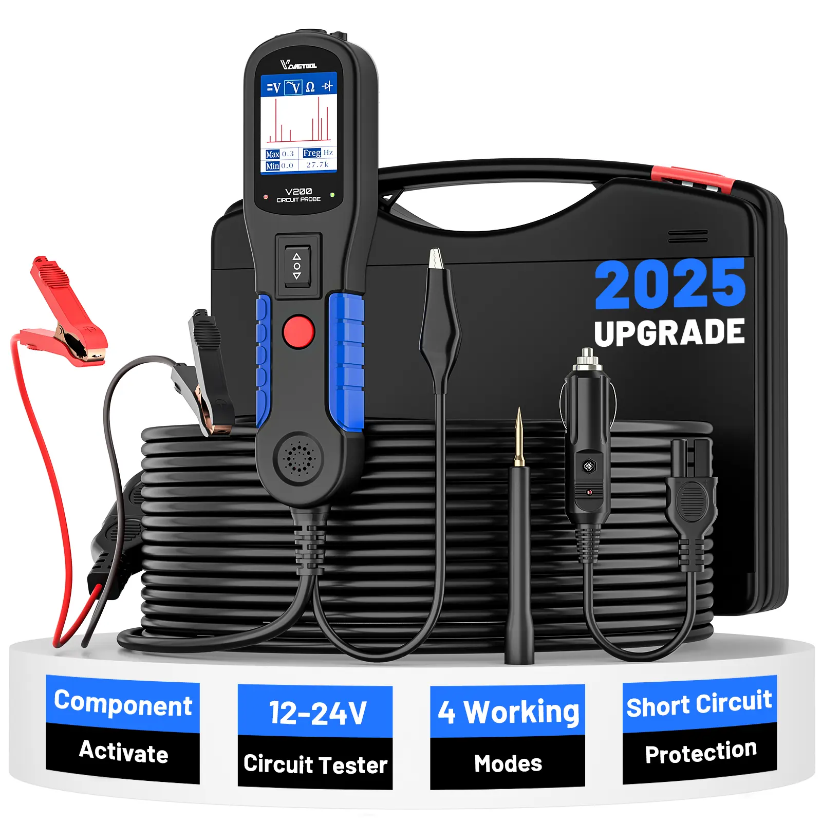 VDIAGTOOL V200 Automotive Continuity Tester Power Circuit Probe Kit for 12-24V Vehicles, with Diode, Resistance, Relay & Fuse Testing, 20ft+20ft Cables, Black Voltage Monitor, Component Activation Function, Father's Day Gift