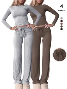 Women's Two Piece Lounge Set, Long Sleeve Top & Wide Leg Pants, Casual Fitted Adjustable Drawstring Design, All Seasons Comfortable Loungewear Pajama Set Pjs