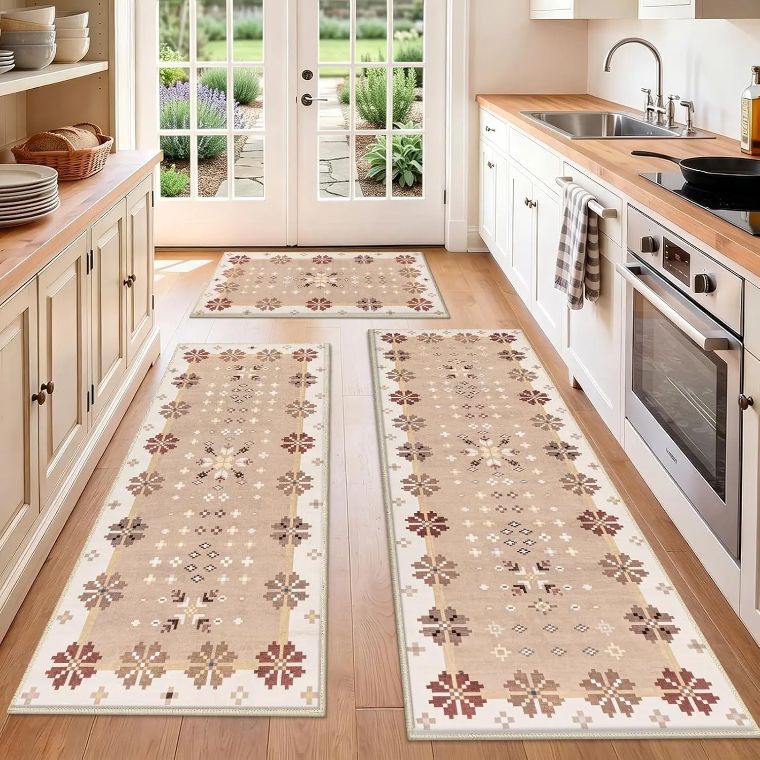 [Back to School] HEBE 3-Piece Washable Farmhouse Kitchen Rugs Set, Non-Slip Durable Area Rugs, Floral Birds Kitchen Floor Mat for Hallway, Entryway summerwins,back to school,dorm essentials,home decor,home essentials