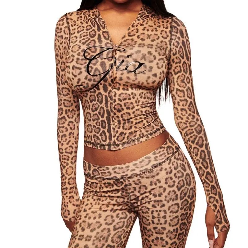 GIA Leopard Print 2-Piece Blare Zip-Up Crop Hoodie + Matching Track Pants Womenswear
