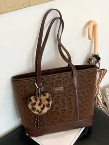 Small niche design versatile shoulder bag, simple and personalized casual leopard print daily handbag, fashionable heart pendant tote bag, suitable for shopping, commuting, work, daily outings, and parties, Pu Tote Satchel