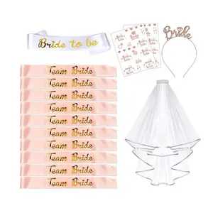 Bridal party supplies set, including veil, belt, headband, bachelor party decorations