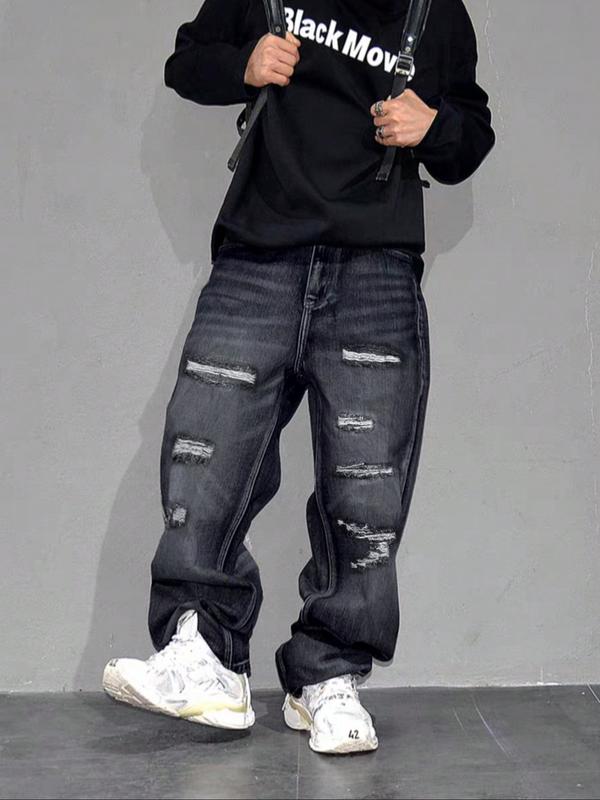 Men's High Street Style Ripped Wide Leg Jeans, Trendy Loose Fit Straight Pants, Casual Fashion for All Seasons