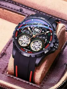 AILANG Top Luxury Men's Automatic Mechanical Watch, Double Flywheel Skeleton Dial with 3D Luminous Hands, 50M Waterproof Sports Wristwatch with Silicone Strap, High-End Business Casual Wrist Watch for Men