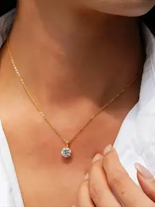 Dainty Gold Plated Solitaire Pendant Necklace, Round Cut Cubic Zirconia  Choker, Minimalist Everyday Necklace for Women