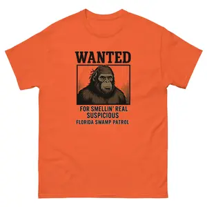 WANTED: Smellin’ Real Suspicious – Orange Skunk Ape Tee | Florida Swamp Patrol Shirt
