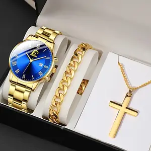 3pcs/set, Casual Mens Fashion Stainless Steel Quartz Watch & Bracelet & Necklace, Gifts For Men
