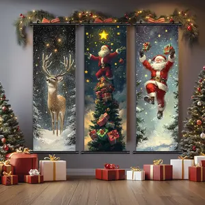 Christmas Themed Hanging Banner, 3 Counts/set Santa Claus & Reindeer Pattern Wall Decor, Wall Art for Home Living Room Bedroom Decoration