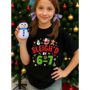 Young Girl's Sleigh'd by 6-7 Christmas Theme Graphic Funny Christmas 67 Meme Fun Graphic Cotton T-Shirt For Young Girls, Black Christmas Family Gift Shirts For Christmas Holiday Fun Young Girls T-Shirt - Christmas Theme, Summer Kids Funny 67 Meme SIX SEVE