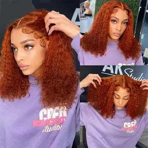Ginger Orange Kinky Curly Human Hair Lace Frontal Bob Wig 13x4 Lace Front Wigs Human Hair for Women 180% Density PrePlucked Transparent Lace Human Hair Wigs