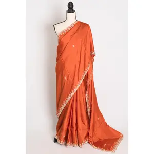Sargam : Orange Hand Embroidery Zardosi Crepe Silk Partywear Saree