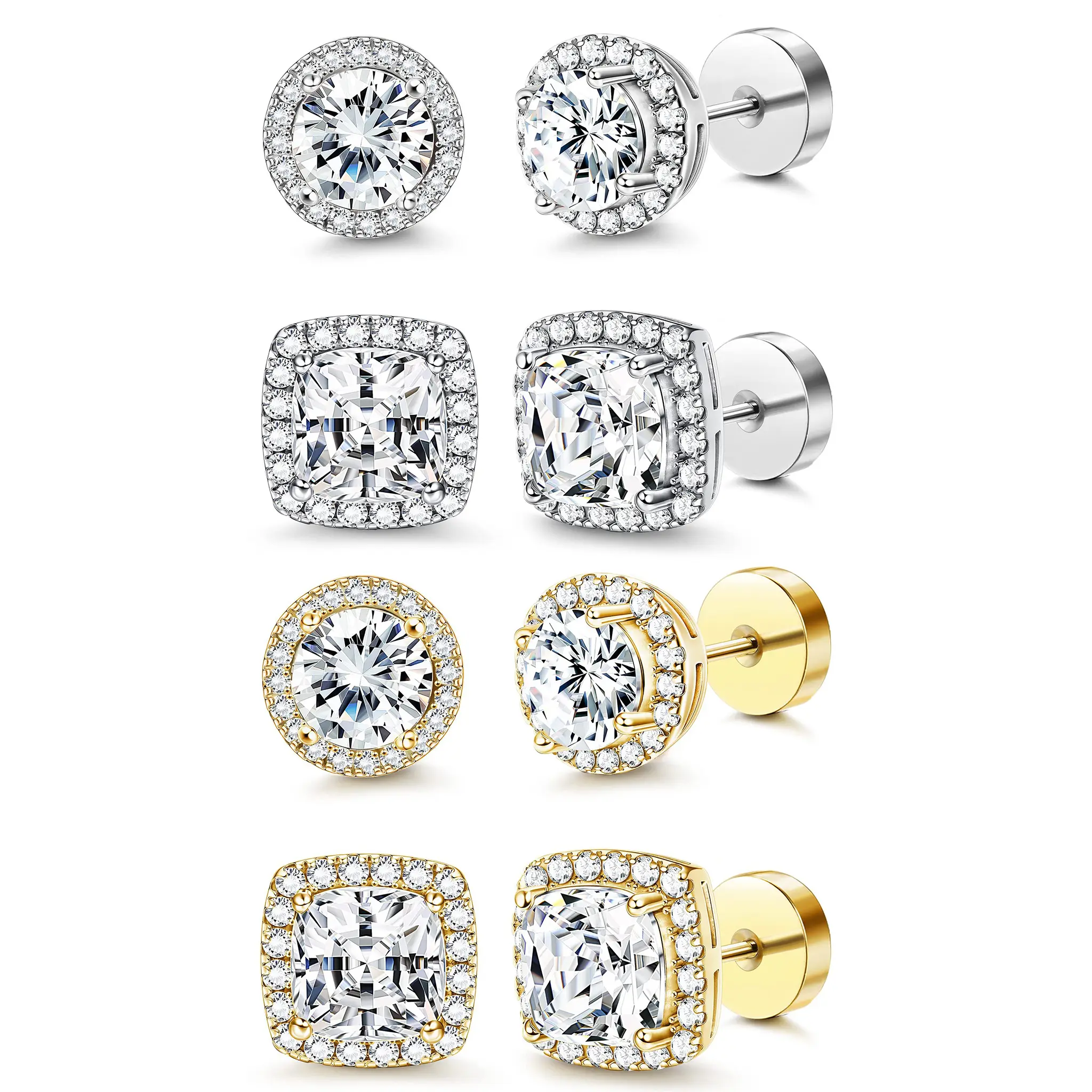 Women's Luxury 4-Pack Hypoallergenic Zircon Stud Earrings - Gold/Silver, Round/Square Styles, Matching Backs, Complimentary Box, Everyday Wear, Premium Gifts, Fashion Costume Jewelry Accessories