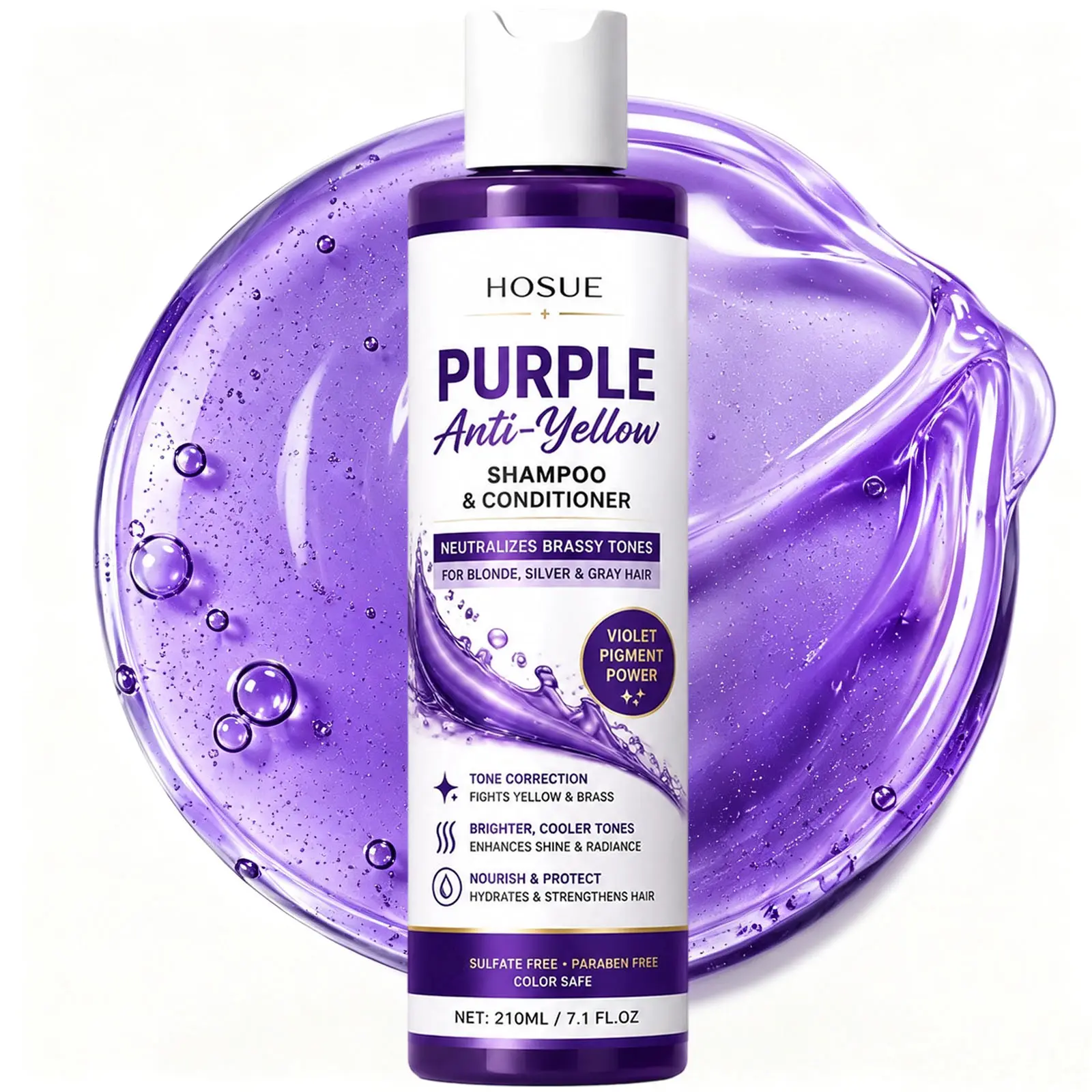 HOSUE Anti-Yellowing Purple Shampoo, Neutralizes Brassiness, Conditions Broken Hair, 8 Seconds of Strong Color Retention, Converts Brassiness to Ash/Silvery Gray/Silvery, Refreshing Texture, Deeply Nourishes Dry And Damaged Hair
