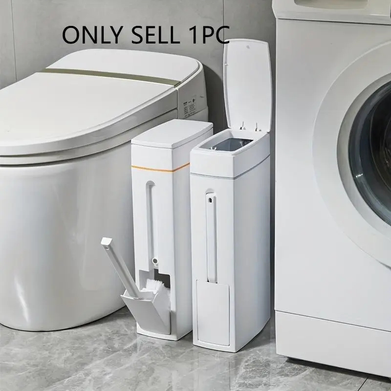 Space-saving corner trash can, Bathroom garbage can with toilet brush and holder, compact rectangular bathroom trash can with plastic design, no power required, compatible with toilet paper holders, Bathroom essentials accessories