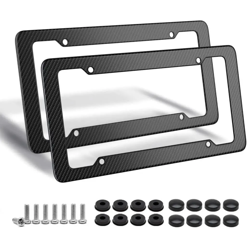 2-Pack Glossy Finish Carbon Fiber Print Plastic License Plate Frame Set, Car Accessories License Plate Cover, Includes Fasteners and Screws for Adults