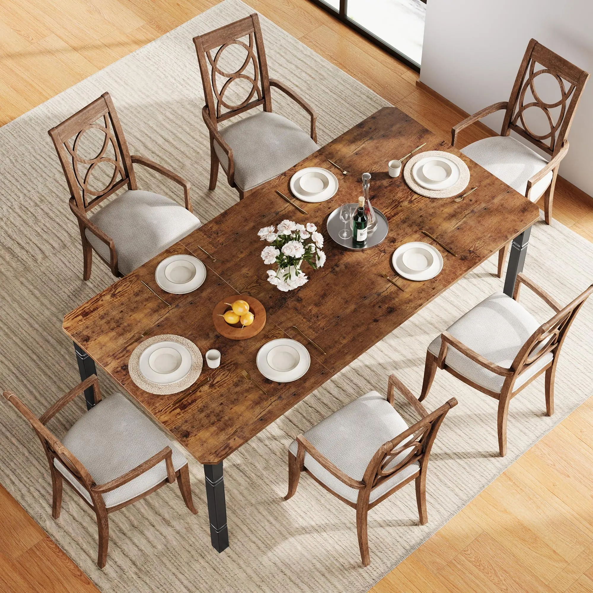Garvee 78 in Rectangular Industrial Dining Table - Wood & Metal, Seats 6-8, Heavy Duty Metal Legs, Chamfered Corners, Easy Setup, for Dining Room, Kitchen - Retro Brown/Black