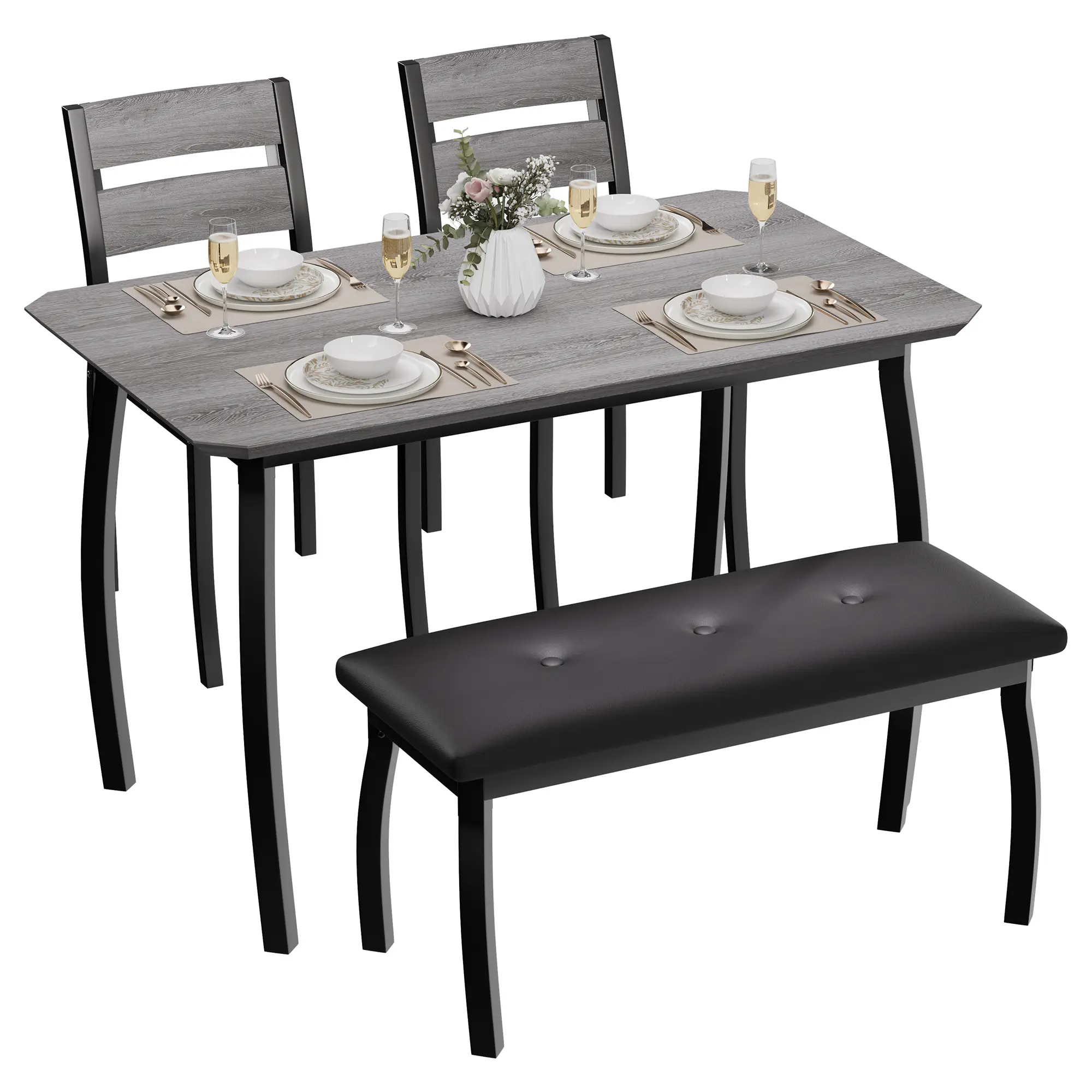 43" Dining Table Set for 4, Space-Saving Kitchen Table Set with Upholstered Bench and 2 Cushioned Chairs, Modern Farmhouse Dinette Set for Small Dining Room, Apartment, Kitchen Corner