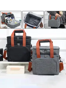 Double Layer Foldable Reusable Lunch Bag Large Capacity Crossbody Insulated Bag Thick Aluminum Foil Insulation Shoulder Picnic Bag Outdoor Ice Pack