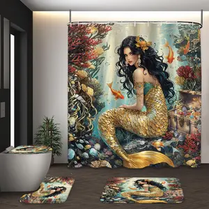LVRLVR 4Pcs Luxury Golden Mermaid Coral Treasure Print Ocean Fantasy Multi-Color Bathroom Shower Curtain Set 70.8×70.8 Inch