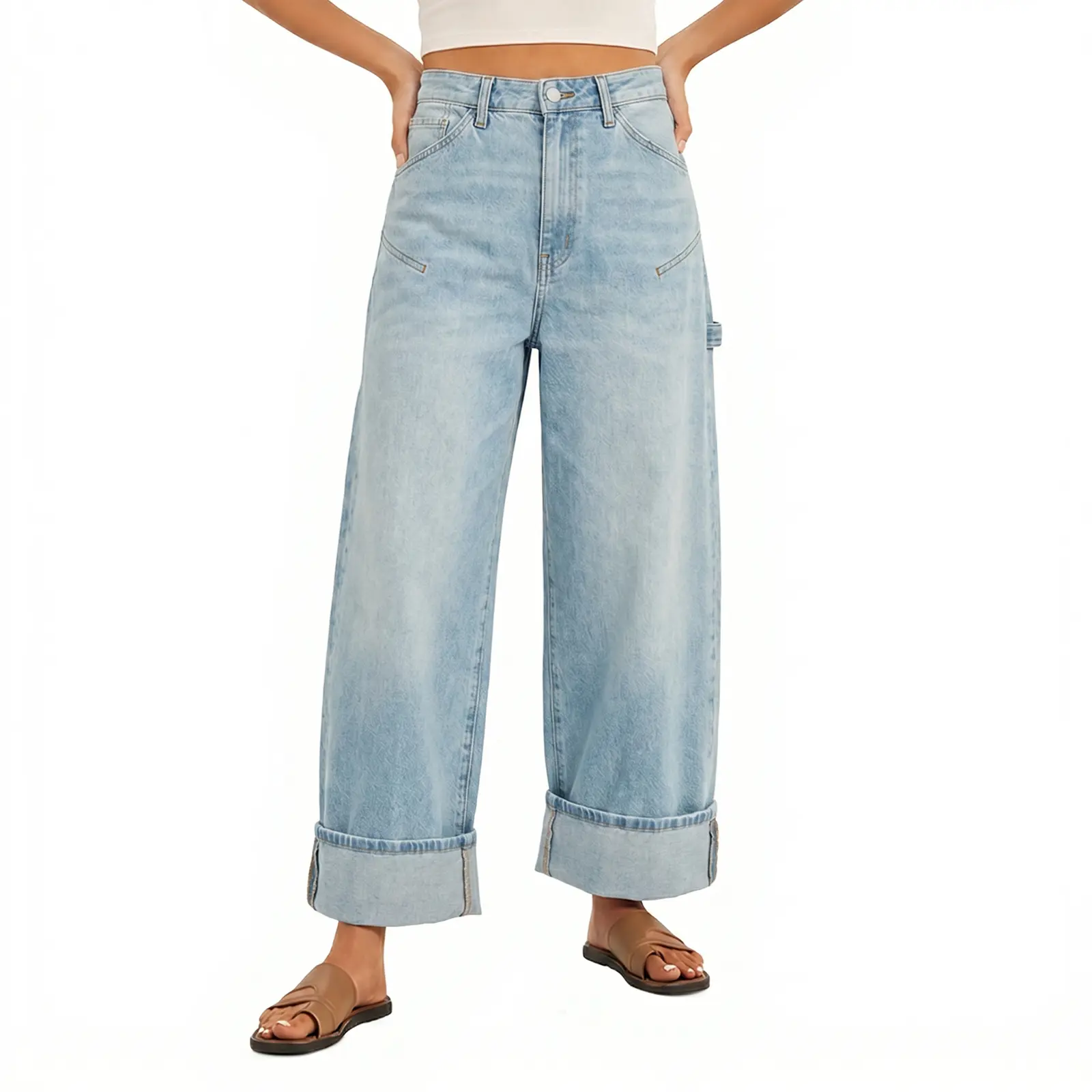 Cicy Bell Womens Wide Leg Jeans Baggy Boyfriend High Waisted Cuffed Denim Pants with Pockets