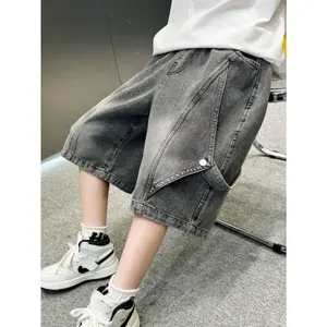 NewStylish Denim Shorts for Boys, Featuring a Retro Wide-Leg Design with Large Pockets And an Elastic High Waist, Perfect for Summer. These Loose-Fitting