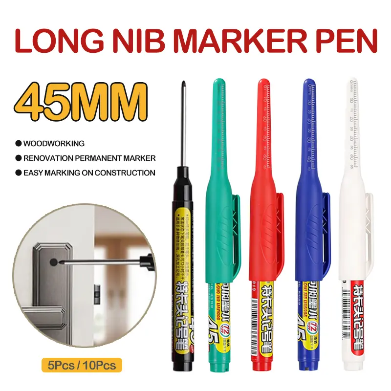 45mm Long Nib Marker Pen,  Head Deep Hole Marker, Fine Nose Tip Deep Reach Permanent Paint Markers for Metal, Drilling, Carpenter, Woodworking, Construction (Colorful)